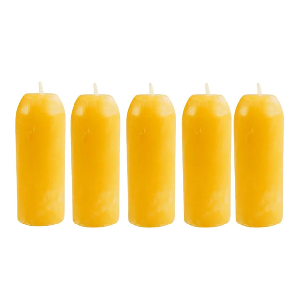5 Uco 12 hour beeswax candles shown in a line on a white background 