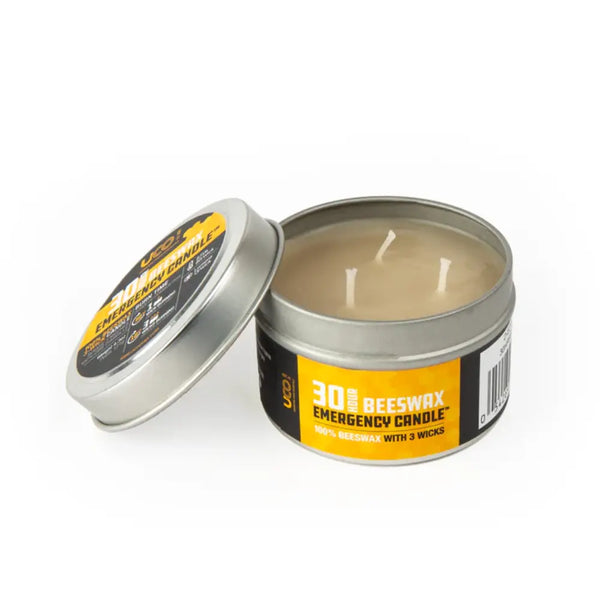 UCO 30 Hour Emergency Beeswax Candle showing the three wicks on a white background