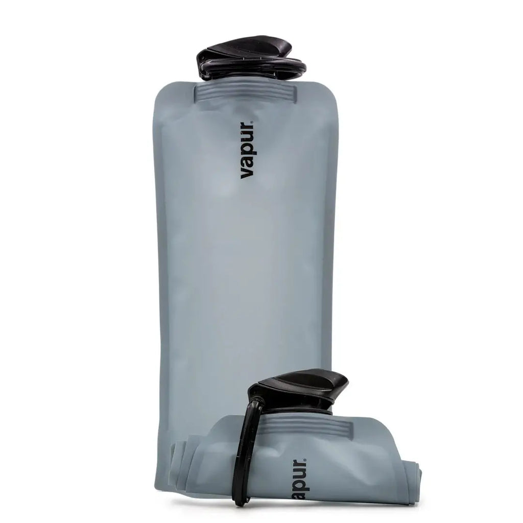 A grey Vapur Eclipse Anti Bottle with a capacity of 1000ml, featuring a flexible, collapsible design and a built-in carabiner.