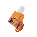 Empty Vapur Kids Plastic Water Bottle in dinosaur design rolled up on a white background