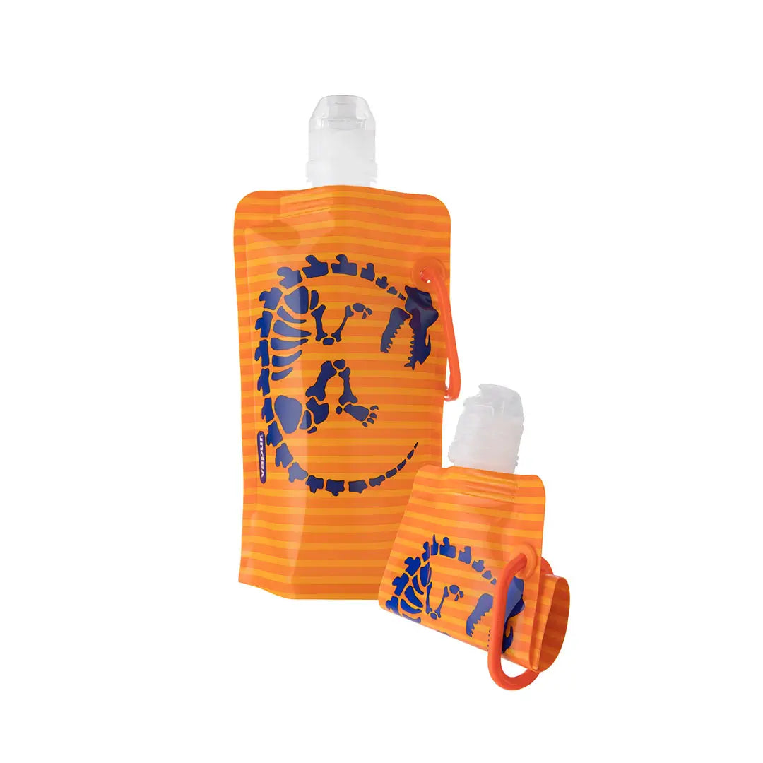 Vapur Kids Plastic Water Bottle in dinosaur design showing a full bottle and a collapsed bottle on a white background