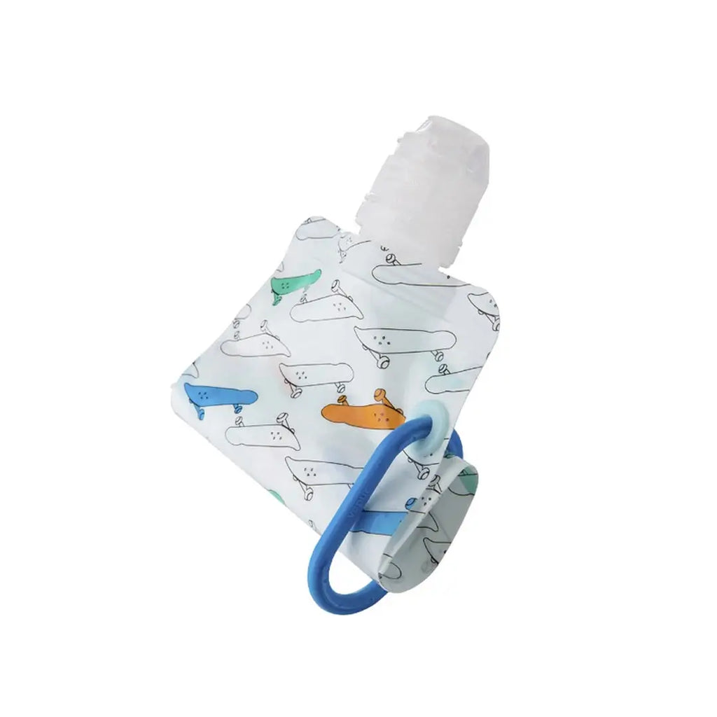 Empty Vapur Kids Plastic Water Bottle in skateboard design rolled up on a white background