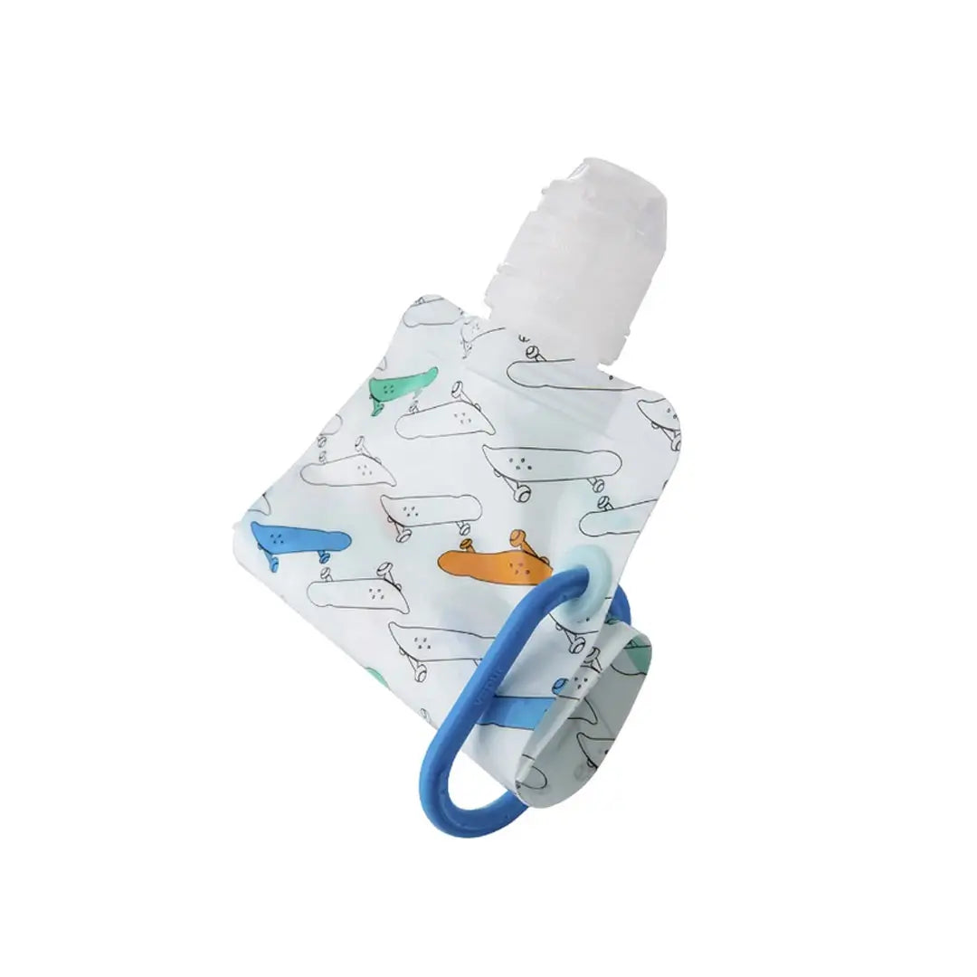 Empty Vapur Kids Plastic Water Bottle in skateboard design rolled up on a white background