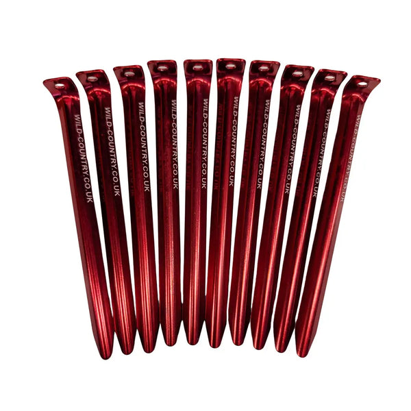 Wild Country aluminium alloy v angle tent pegs in red laid out in ten units as per pack