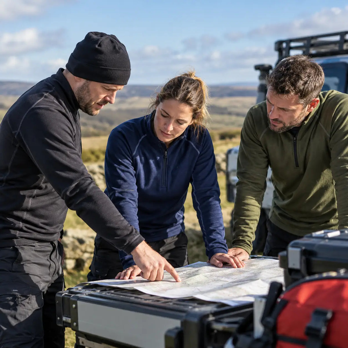 Outdoor team in Sub Zero technical clothing planning a route using a map in the countryside
