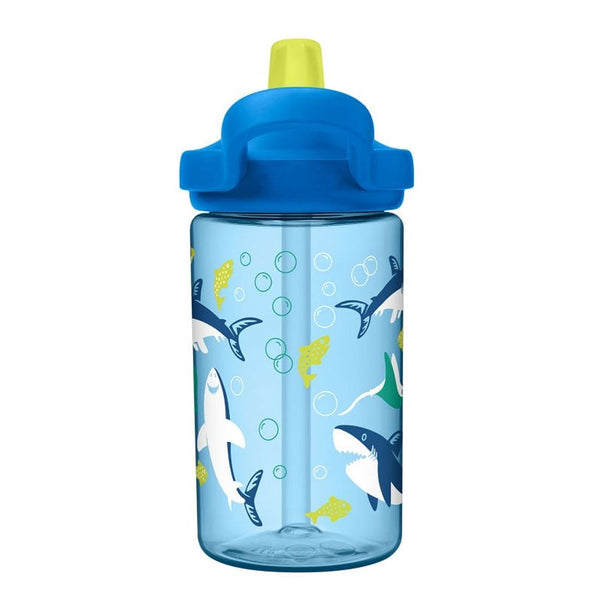 Studio shot on a white background of the back of the Camelbak childrens Eddy plastic water bottle in 410ml showing the shark graphics and pop top drinking spout