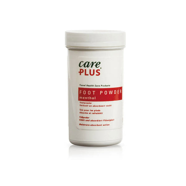 Studio shot on a white background of the front of Care Plus blister prevention foot powder pot