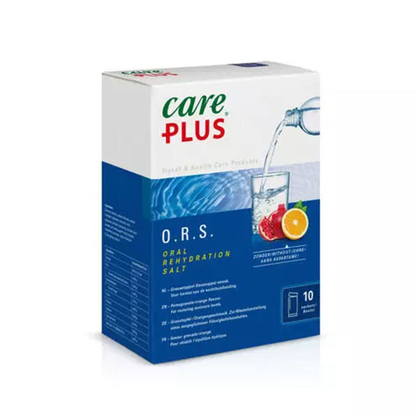 Front packaging detail of Care Plus electrolyte powder sachets