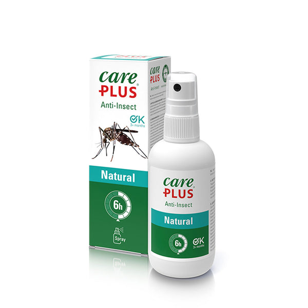 Care Plus natural citriodiol insect repellent spray in a 100ml bottle along with its packaging photographed on a white background