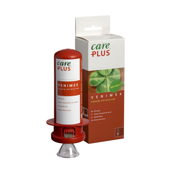 Care Plus Venimex venom extractor shown next to its packaging on a white background