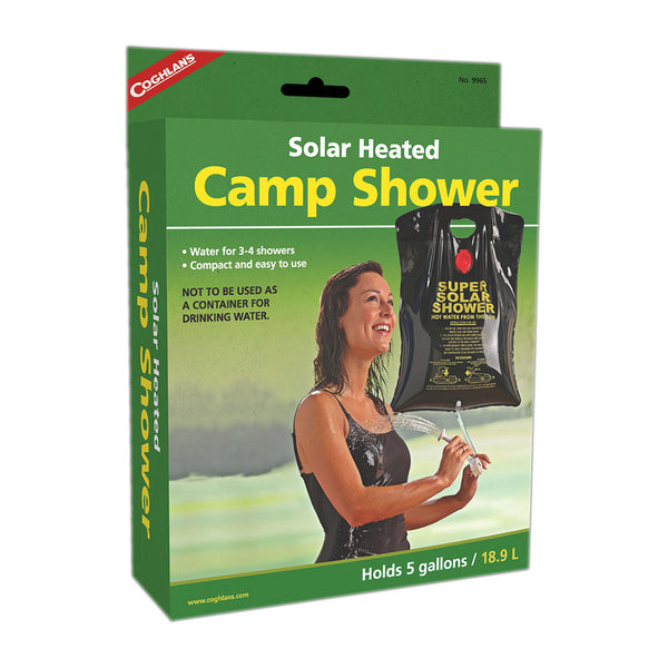Studio shot on a white background of Coghlans solar heated camp shower packaging
