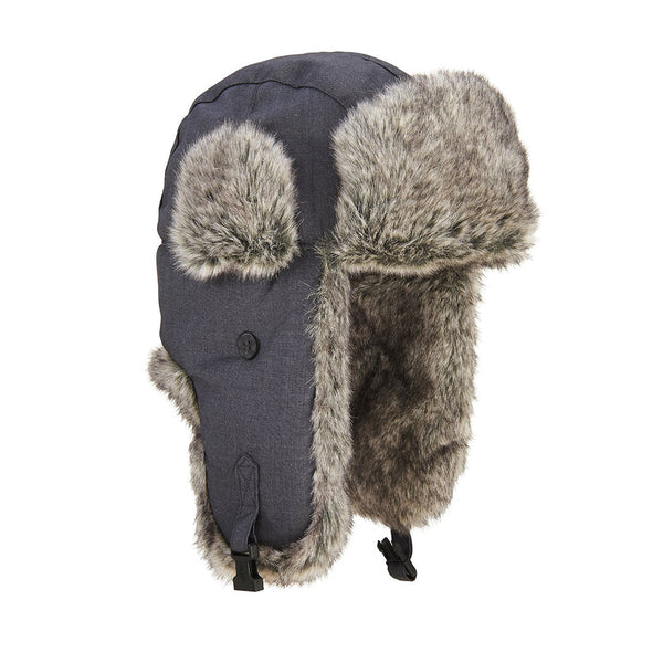 Side detail of Extremities waterproof Ajo trapper hat in grey colour on a white background