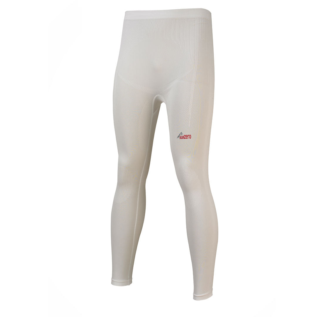 Front detail of a Sub standard Sub Zero Factor 1 Plus base layer leggings in white colour photographed on a white background