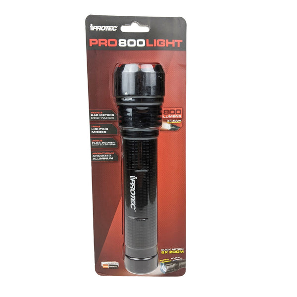 IProtec Pro 800 Lumens LED hand torch sitting upright in its packaging