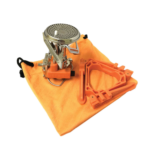Jetboil MightyMo camping gas stove collapsed shown with its carry bag and gas canister support