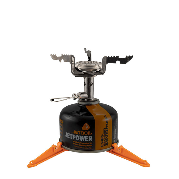 Jetboil Stash cooking system burner on a gas canister including the stability legs