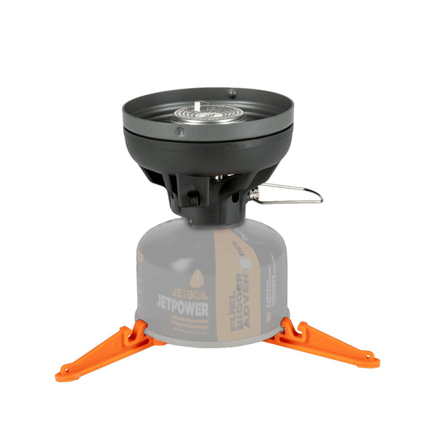 Jetboil Flash gas camping stove showing the burner and leg supports attached to a gas canister 