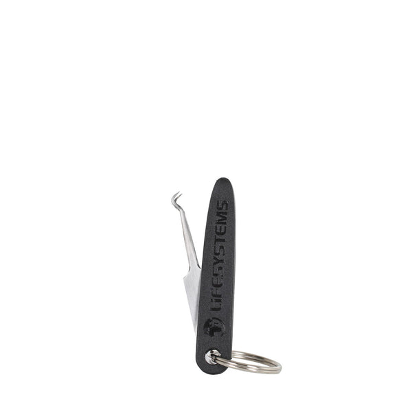 Lifesystems compact stainless steel tick removal tweezers shown half out of its protective black plastic case