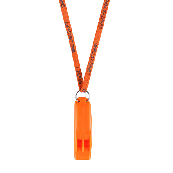 Lifesystems dual tone plastic safety whistle with its orange neck lanyard