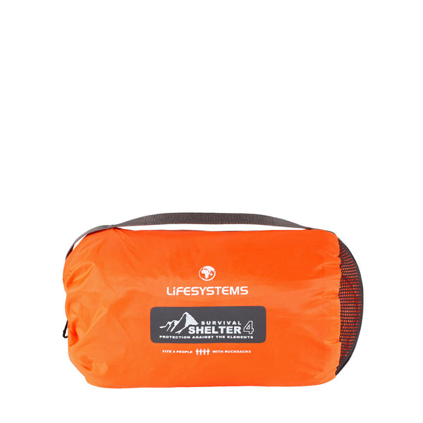 Lifesystems 4 person survival shelter in orange packed in its stuff sack