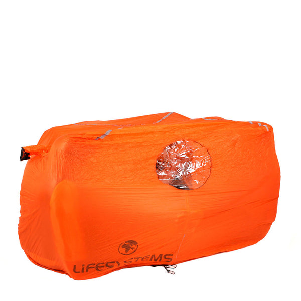 Lifesystems 4 person survival shelter bivi bag in orange with people inside it 