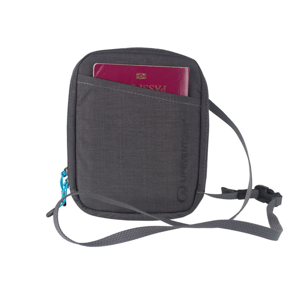 Front detail of Lifeventure RFiD Travel neck pouch in grey showing a passport tucked in to the front pocket and the neck lanyard length