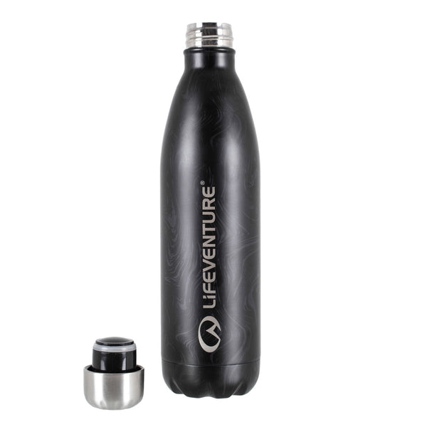 Lifeventure vacuum insulated water bottle in black with the stopper removed