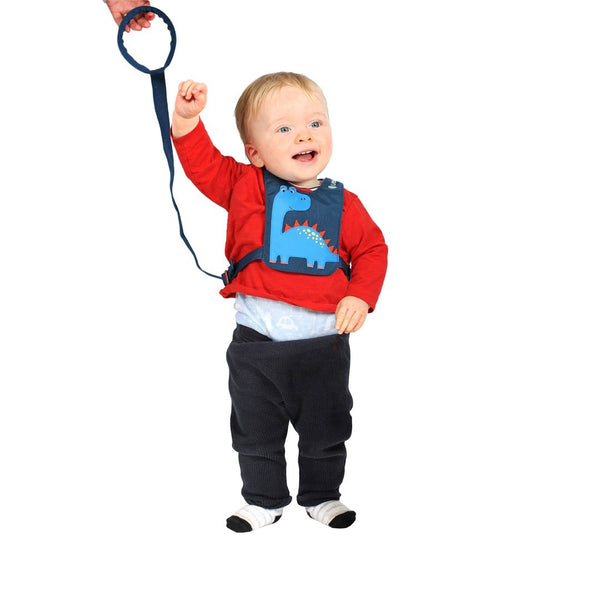 Studio shot on a white background of a toddler wearing a Littlelife dinosaur safety rein with an adult holding the connecting leash