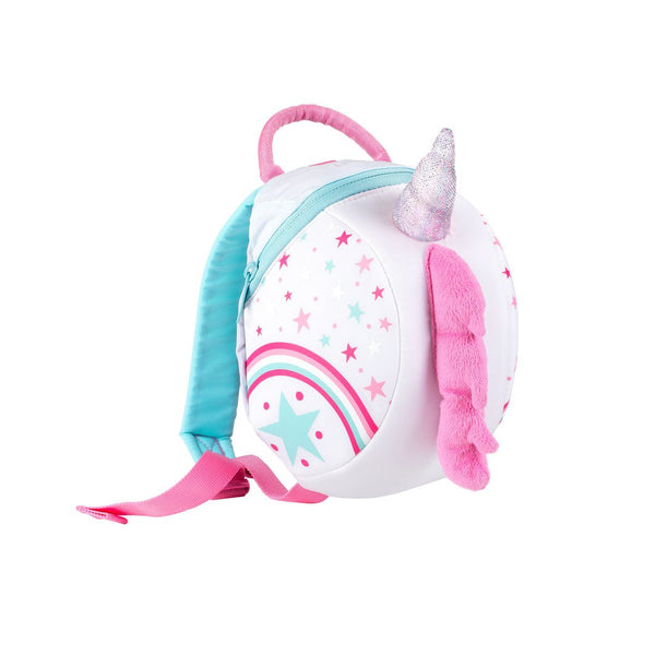 Studio shot on a white background of a Littlelife Unicorn Toddler Backpack