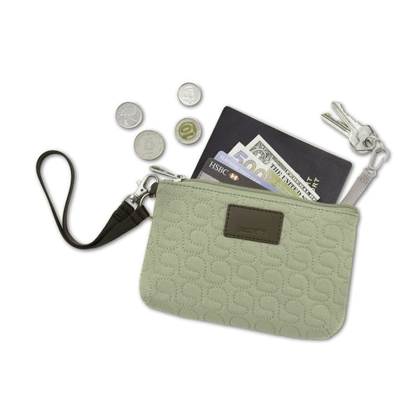 Pacsafe womens RFiD coin and card purse W50 from above showing security strap key holder and passport holding size