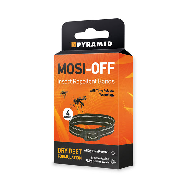 Front packaging detail for Pyramid Deet mosquito repellent wrist bands 