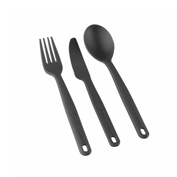 Three piece Sea To Summit plastic cutlery set in charcoal grey colour showing the knife fork and spoon photographed on a white background