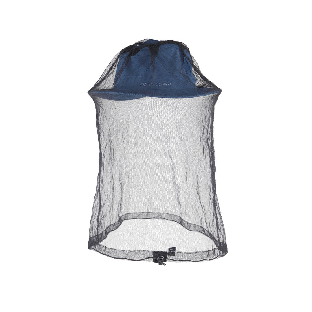 Sea To Summit nano mosquito head net worn over the top of a wide brimmed hat