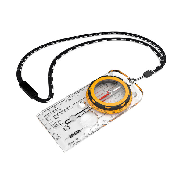Silva expedition compass photographed from above showing the lanyard attachement