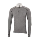 Front detail of Sub Zeros Factor 2 Plus mens long sleeve zip neck mid layer top in grey marl colour photographed on a  white background
