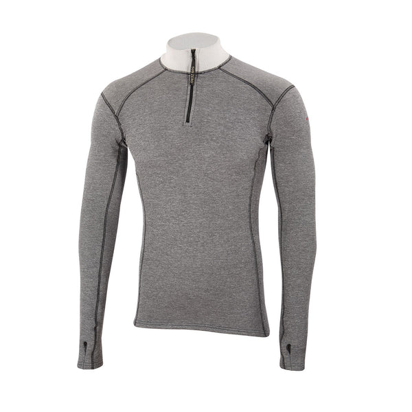 Front detail of Sub Zeros Factor 2 Plus mens long sleeve zip neck mid layer top in grey marl colour photographed on a  white background
