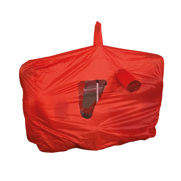 Front view of a two man Terra Nova bothy bag  in red with a walking pole being used as a pole